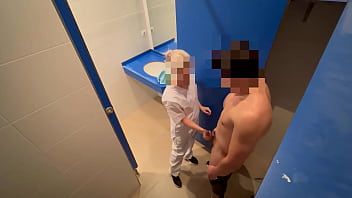 Play I surprise the gym cleaning girl who when she comes in to clean the toilet she catches me jerking off and helps me finish cumming with a blowjob