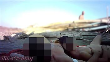 Play French Teacher Handjob Amateur on Nude Beach public to stranger with Cumshot - MissCreamy